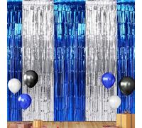 3Pack 3.3Ft x 6.6Ft Graduation Foil Fringe Curtain Backdrop Decorations, Blue Silver Metallic Tinsel Foil Streamers Curtain Photo Booth Background for Graduation Prom Wedding Birthday Party Decoration