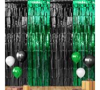 3Pack 3.3Ft x 6.6Ft Graduation Foil Fringe Curtain Backdrop Decorations, Green Black Metallic Tinsel Foil Streamers Curtain Photo Booth Background for Graduation Prom Wedding Birthday Party Decoration