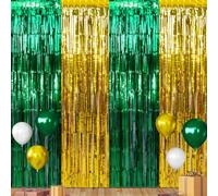 3Pack 3.3Ft x 6.6Ft Graduation Foil Fringe Curtain Backdrop Decorations, Green Gold Metallic Tinsel Foil Streamers Curtain Photo Booth Background for Graduation Prom Wedding Birthday Party Decoration