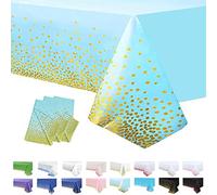 3Pack Baby Blue and Gold Dot Table Cloth Party Disposable Tablecloths,137x274cm Confetti Table Cover Rectangle Plastic Tablecloth Party for Picnic,Baby Shower,Wedding,Birthday,Christmas Table Decor
