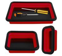 3Pack Collapsible Magnetic Parts Tray Set, Silicone Foldable Magnetic Tool Tray, 3 Size Square Screw Organizer for Screw Bolt Nut Washer (Red)