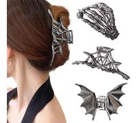 3Pack Halloween Hair Clips for Women Girls, Goth Gunmetal Large Metal Hair Claw Clips With Skull Cobweb Bat Designs for Thin Thick Hair Styling