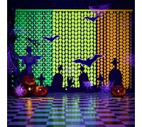 3Pack Halloween Party Decoration Neon Tinsel Foil Fringe Curtains Pumpkin Skeleton Bat UV Reactive Black Light Glow in The Dark Supplies(Orange Yellow Green