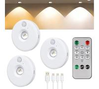 3Pack Puck Lights with Remote USB Rechargeable Under Cabinet Kitchen Wireless Lights Timing Function LED Puck Dimmable Stick on Push Lighting for Cupboard Wardrobe Display Shelf 3 Colour Temperatures