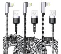 3Pack Right Angle Long iPhone Charge Cable, 90 Degree Apple USB A to Lightning Cable 6FT/2M*2+10FT/3M,Nylon Braided Sync Data Charger Cable, Fast Charge Cord for iPhone 14 13 12 11 Pro Max Xr 8 7 Plus