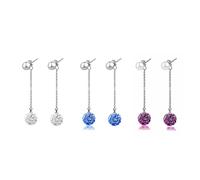 3Pack Set Silver Diamond Crystal Ball Stud Drop Pearl Earrings for Women,Blue White Purple Gemstones Women's Dainty Sparkle Disco Ball Pave Studs Earrings Tassel Post Pierced CZ Pearl Ball Drop Stud,