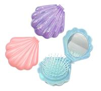 3Packs Portable Shell Hair Brush with Mirror Compact Folding Air Cushion Comb with Shiny Mermaid Seashell Design Foldable Travel Pocket Brush for Girls & Women (9x9x3cm)
