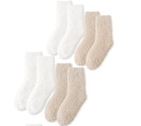 3PAIRS Fuzzy Crew Socks For Women Warm Winter White Novelty Socks Unisex MultiColor, Latte /White 4packs, One size