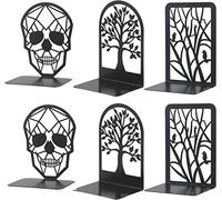 3Pairs Metal Bookends Skull Decorative, Fortune Tree Design and Resting Bird Design, Decorative Bookend Black Book Ends