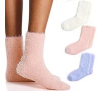 3PAIRS Plush Fuzzy Crew Socks For Women Solid Warm Winter Novelty Fluffy Socks For Women, Soild-blingbling Series3packs, One size