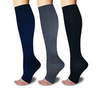 3Pairs Toeless Open Toe 15-20mmH Compression Socks for Men Women Support Knee High Stockings (Gray+Navy+Black, L/XL), Gray+navy+black, Large/X-Large (3 Pair)