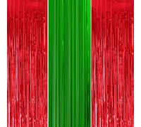 3Pc 1m*2m Metallic Tinsel Christmas Curtain with Red & Green Foil, Fringe Hanging Streamers for Xmas Party & Photo Decorations