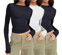 3PC Basic Clothing Women Y2K Basic Crop Tops Long Sleeve Slim Fit Crew Neck T Shirts Solid Color Blouses Fashion Classic Streetwear Tight Baby Tees Tops Ladies Going Out Shirts Black
