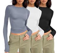 3PC Basic Long Sleeve Tops Women Y2k Basic Long Sleeve Top Slim Fitted Baby Tee Round Neck Crop Layering Slim Top Blouse Aesthetic Streetwear Ladies Going Out Tee Tops