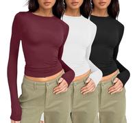3PC Basic Long Sleeve Tops Women Y2k Basic Long Sleeve Top Slim Fitted Baby Tee Round Neck Crop Layering Slim Top Blouse Aesthetic Streetwear Ladies Going Out Tee Tops