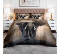 3PC Bedding Set - Emperor Coverless Duvet with 2 Pillowcase - Reversible Printed with Majestic Elephant Pattern - Summer Lightweight and Washable Wildlife Duvet 260x220 cm