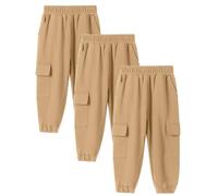 3pc Boy Casual Pants Boys Girls Comfortable and Breathable Solid Color Cargo Pant Casual Versatile Trousers Classic Elasticated Cuff Jogging Sweatpants with 4 Pockets (Khaki, 10-12 Years)