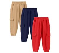 3pc Boy Casual Pants Boys Girls Comfortable and Breathable Solid Color Cargo Pant Casual Versatile Trousers Classic Elasticated Cuff Jogging Sweatpants with 4 Pockets (Beige, 5-6 Years)