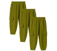 3pc Boy Casual Pants Boys Girls Comfortable and Breathable Solid Color Cargo Pant Casual Versatile Trousers Classic Elasticated Cuff Jogging Sweatpants with 4 Pockets (Green, 9-10 Years)