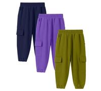 3pc Boy Casual Pants Boys Girls Comfortable and Breathable Solid Color Cargo Pant Casual Versatile Trousers Classic Elasticated Cuff Jogging Sweatpants with 4 Pockets (Dark Purple, 4-5 Years)