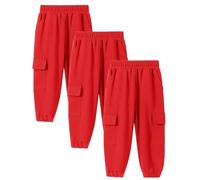 3pc Boy Casual Pants Boys Girls Comfortable and Breathable Solid Color Cargo Pant Casual Versatile Trousers Classic Elasticated Cuff Jogging Sweatpants with 4 Pockets (Red, 9-10 Years)