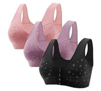 3PC Bras for Older Women No Underwire Front Closure Wireless Everyday Bra Full Support Breathable Bras Wirefree Wide Straps Push Up Bra Soft Underwear Plus Size Bralettes