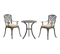 3Pc Cast Aluminium Garden Bistro Set for 2 Parasol Hole, Cushions Bronze