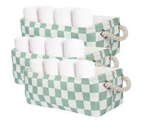 3PC Checked Long Narrow Storage Baskets 15x6x5 inch Small Fabric Storage Bins with PU Handles for Closet,Cabinet,Countertop Organizing Small Items (Green)