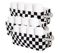 3PC Checked Long Narrow Storage Baskets 15x6x5 inch Small Fabric Storage Bins with PU Handles for Closet,Cabinet,Countertop Organizing Small Items (Black)