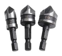 3Pc Countersink Drill Bit Set with 90° Five-Blade Chamfer for Woodworking, 1/4" Hex Shank Compatible with Cordless Drills, Includes 12mm 16mm 19mm Carbon Steel Bits