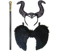 3pc Dark Fairy Costume with Black Wings, Gold Topped Staff and Black Horns Headband - Evil Witch Outfit Accessories for Halloween Costumes for Women - Evil Fairy World Book Day Fancy Dress Women
