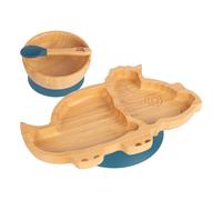 Tiny Dining Baby Dinner Set - Dinosaur - Navy Blue - 3pc - Divided Non-Slip Bamboo Self-Feeding Weaning Plate, Bowl & Spoon for Babies, Toddlers, Children