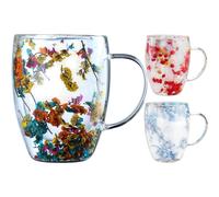 (3pc) Dried Flowers Glass Coffee Mug, 350ml Double Walled Clear Coffee Cup, Coffee Mug Built-in Selected Dried Flowers, Insulated Layer Flowers Glass