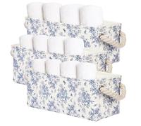 3PC Floral Long Narrow Storage Baskets 15x6x5 inch Flower Small Fabric Storage Bins with PU Handles for Closet,Cabinet,Countertop Organizing Small Items (Blue flower)
