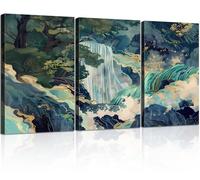 3pc Framed Canvas Wall Art Large Waterfall Landscape Poster Print, Wrapped Canvas Artwork, Japanese Inspired Natural Landscape Painting Images, Abstract Blue Waterfall Painting, Zen Art Print For