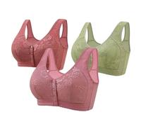 3pc Front Fastening Bras for Women UK Post Surgical Bra Front Closure Cotton Mastectomy Bra for Medium Elderly Women Lace Embroidery Wireless Push Up Bralette Comfort Seamless Breathable Bras