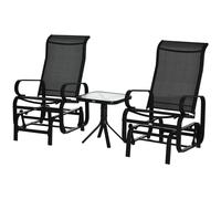 3PC Gliding Rocking Chair Set - Black Steel Texteline Tempered Glass 60x72x105cm