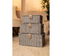 HomeZone Pack of 3 Lockable Grey Wicker Storage Basket with Lids Rattan Woven Decorative Storage Boxes with Lids Grey Baskets for Bathroom Bedroom Kitchen Stair Baskets Hampers