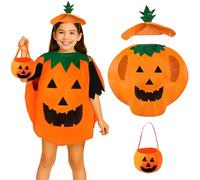 3pc Halloween Pumpkin Costume Kids Fancy Dress - Vibrant Orange Kids Pumpkin Costume with Stalk Hat and Bag Halloween Outfits for Boys and Girls - Unisex Fancy Dress Outfits for Children