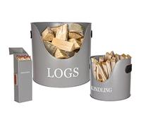 3pc Log Basket, Kindling Bucket & Match Box Canister Set Contemporary Grey Fireside Firewood Storage Hearthside Tool Accessory Set