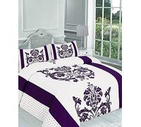 3pc Luxury DARCY FLORAL LEAF Printed Duvet Quilt Cover Bedding Set Double & King Sizes (Double, Purple)