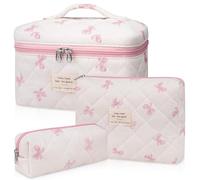 3PC Makeup Bag Set, Quilted Makeup Bag, Large Floral Cosmetic Bag for Women, Cute Cotton Makeup Bags, Flower Travel Toiletry Organizer Bag (White Pink Bow Tie), White Pink Bow Tie, Cute