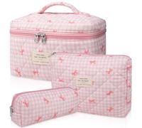3PC Makeup Bag Set, Quilted Makeup Bag, Large Floral Cosmetic Bag for Women, Cute Cotton Makeup Bags, Flower Travel Toiletry Organizer Bag(Pink Plaid Bow), Pink Plaid Bow, Cute