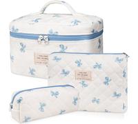 3PC Makeup Bag Set, Quilted Makeup Bag, Large Floral Cosmetic Bag for Women, Cute Cotton Makeup Bags, Flower Travel Toiletry Organizer Bag (White and Blue Bow), White and Blue Bow, Cute