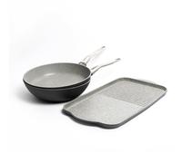 3pc Non-Stick Cast Aluminium Cookware Set with Wok 28cm, Non-Stick Frying Pan 28cm & Dual Griddle Tray 46cm Masterclass Black One Size