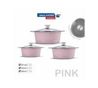 (3pc Pink (20-24-28cm)) GRACE Die-Cast Stockpots Set- Aluminium Non Stick Coating Cooking Pot With Tempered Glass Lid With Steam Vent Cookware Kitchen