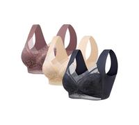 3Pc Push Up Bras for Women, Plus Size Floral Lace Bralette Posture Correction Bras Full Support Sports Non Wired Ladies Full Cup Padded Lace Comfort Super Gather Wireless Bra