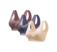 3Pc Push Up Bras for Women, Plus Size Floral Lace Bralette Posture Correction Bras Full Support Sports Non Wired Ladies Full Cup Padded Lace Comfort Super Gather Wireless Bra