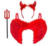 3pc Red Devil Costume Women - Ladies Devil Outfit with Red Angel Wings, Sequin Horns Headband and Pitchfork Halloween Costumes Women - Fallen Angel Wings Halloween Fancy Dress Accessories