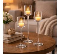 Marco Paul Set of 3 Clear Stemmed Glass Tealight Holders Tall Pedestal Candle Holders in 3 Sizes Elegant Votive Candle Stands for Wedding Centrepieces, Spring Easter Table Decor